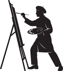 Painter with a brush and palette on an easel on a white background.