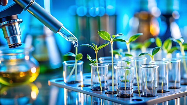 Plant research in a laboratory scientist using a pipette to add liquid to seedlings for biotechnology and agricultural science applications