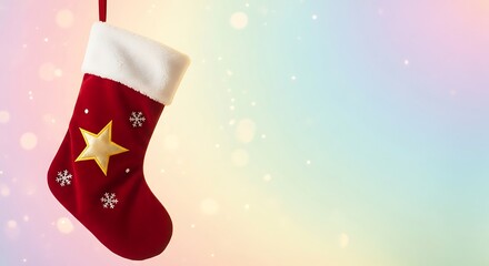 Festive red Christmas stocking with snowflakes against a dreamy bokeh background adds holiday cheer