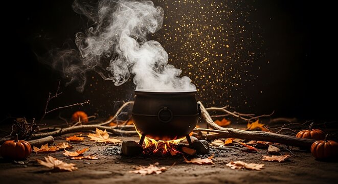 Eerie cauldron bubbling with spooky steam for Halloween celebrations and fall festival fun, magical autumn vibes