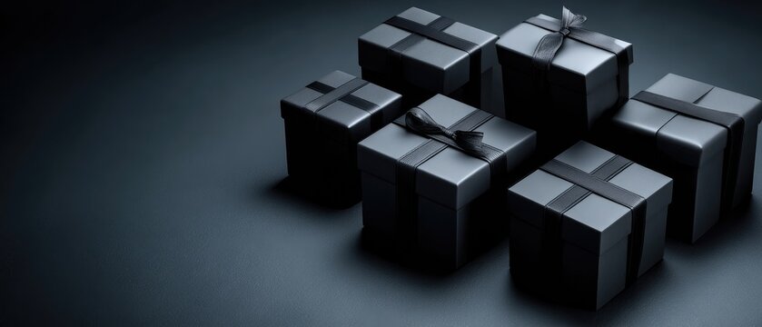 Elegant Black Gift Boxes with Ribbons on Dark Background - Minimalist and Luxurious Theme