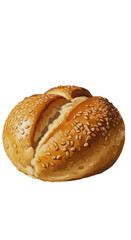 Golden Crusty Bread Roll with Sesame Seeds Isolated Realistic Photo Warm Lighting