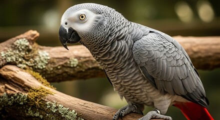 Fototapeta premium African Grey Parrot Perched on Branch - A Captivating Avian Portrait.