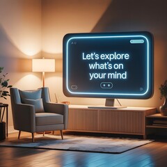 Modern living room featuring a glowing screen with the text "Let's explore what's on your mind" creating a cozy and inviting atmosphere for relaxation and contemplation
