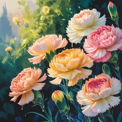 Pastel carnations in full bloom create a soft and romantic floral arrangement perfect for spring weddings and elegant stationery design projects with a gentle aesthetic