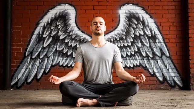 Meditating framed graffiti angel wings. reflective mural cherub plumage spiritual pose encased street art.