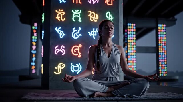 Meditation bridge pillars covered symbols. contemplation viaduct column adorned emblem spiritual crossing support icon zen span upright sign.