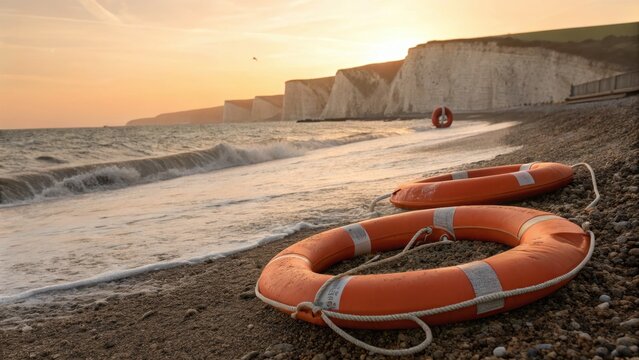 Orange life preservers on a pebble beach at sunset - Powered by Adobe