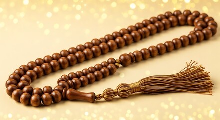 Elegant wooden prayer beads with tassel against a softly blurred golden backdrop for spiritual reflection