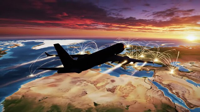 Airplane Silhouette Flying Over World Map at Sunset - A silhouette of an airplane is captured flying over a world map during sunset, symbolizing global travel connections.