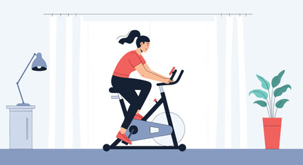 Energetic woman cycling indoors for fitness and well-being, embracing a healthy lifestyle at home