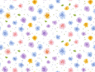 Colorful floral pattern with pink, purple, blue, and yellow flowers on white background, creating cheerful and vibrant design