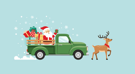 Santa Claus joyfully delivers Christmas presents in a vintage green truck, accompanied by a festive reindeer, spreading holiday cheer during a gentle snowfall.