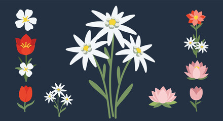 Obraz premium Vibrant collection of stylized flowers including edelweiss, tulips, and lotuses arranged in a visually appealing pattern
