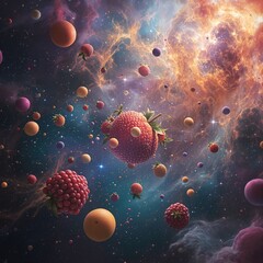Cosmic Fruit Delight Colorful Universe Background Floating Berries