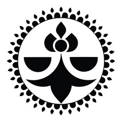 Black and white abstract circular symbol with petal motifs