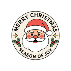 Merry Christmas season of joy emblem, smiling Santa face, circular seal, vintage holiday design, vector illustration