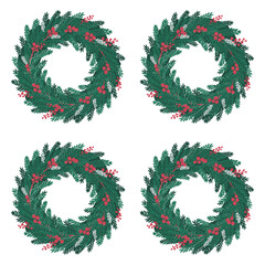 Christmas wreath bundle, evergreen holly and pine, circular garlands collection, festive winter decoration elements, vector illustration