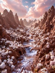 Chocolate Mountains and Marshmallow River Sweet Fantasy Landscape