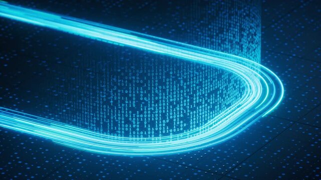 Flowing neon lines with binary data background, 3d rendering.