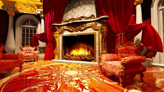 A fireplace and luxurious armchairs in the palace. Animation on the theme of holidays and relaxation, wealth and lifestyle. 