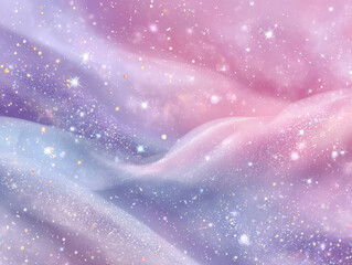 Dreamy, pastel colored cosmic background with swirling pink and purple hues, sparkling stars, and soft, ethereal glow creates magical atmosphere