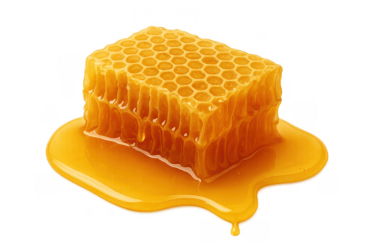 Honeycomb dripping golden honey, showing natural sweet food, healthy organic dessert, transparent background