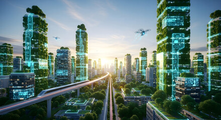 Fototapeta premium Smart City Future Green Urban Landscape with Futuristic Architecture & Technology