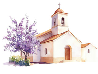 Obraz premium Charming watercolor illustration of small church with bell tower and cross, surrounded by blooming purple tree, evokes serene and peaceful atmosphere