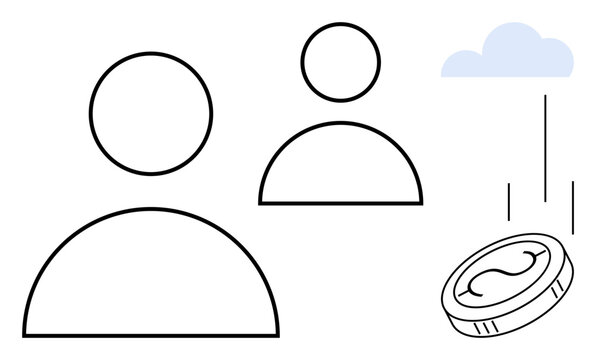 Two simplistic human figures appear as a falling coin symbolizes transaction, decision-making, or investment. Ideal for business, finance, teamwork, collaboration, economy, savings simplicity