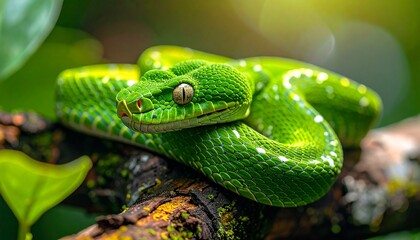 Fototapeta premium Emerald Elegance Close-up of a Vibrant Green Snake Perched on a Mossy Branch in the Jungle