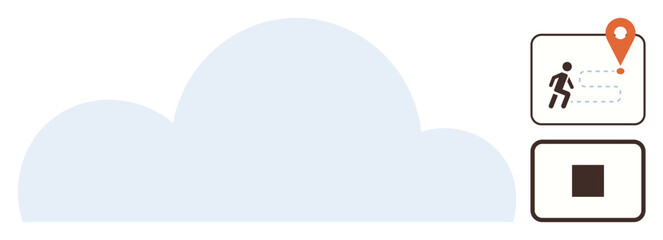 Cloud shape with user movement tracking icon and location pin, alongside a minimal square button. Ideal for technology, cloud computing, navigation, user interface, location services, data storage