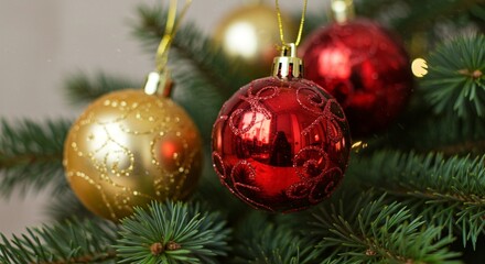 Festive Christmas ornaments adorn a fir tree, bringing holiday cheer with their colorful and reflective surfaces.