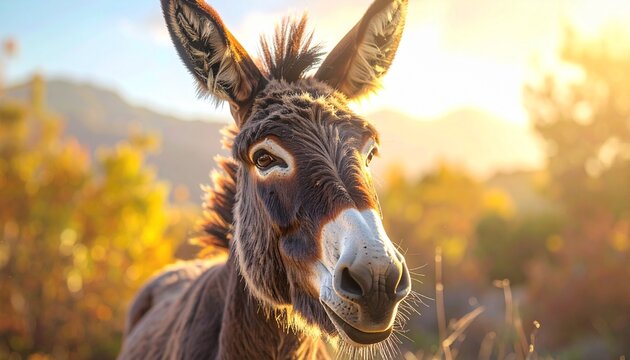 Portrait of a friendly brown donkey basking in the warm glow of a golden autumn sunset