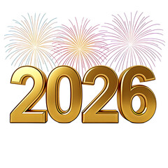 Golden 2026 numbers with fireworks isolated on transparent background