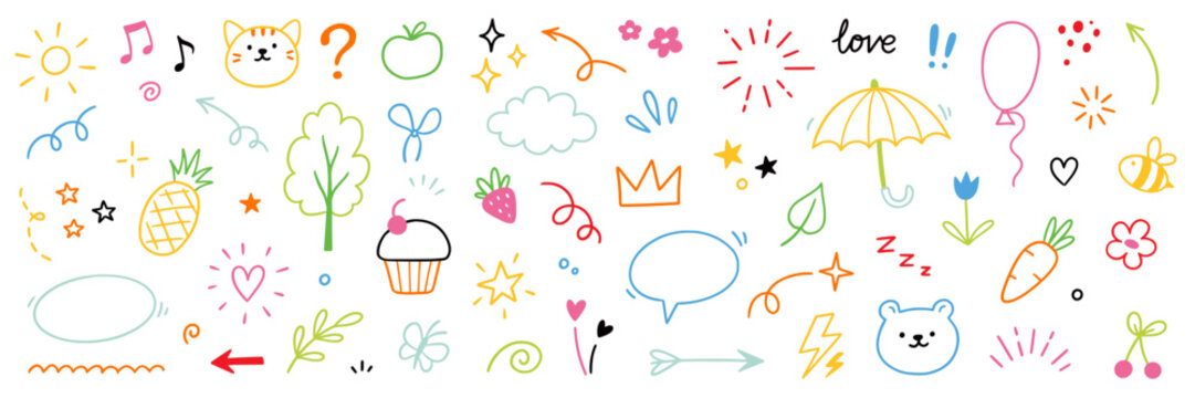 Naklejki Line cute element set. Hand drawn scribble heart, arrow, flower and cloud elements for a cute line simple background. Doodle sketch heart, star, cloud cartoon sticker shapes. Vector illustration