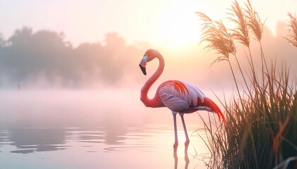 A vibrant pink flamingo poses elegantly in shimmering, misty waters at sunrise, bathed in golden light
