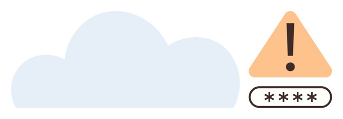 Cloud shape, warning triangle with exclamation mark, and password field highlight cybersecurity concerns. Ideal for cloud safety, data protection, online risk, privacy awareness, internet threats