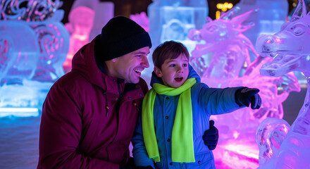 Fototapeta premium Smiling father and amazed son pointing at colorful ice sculptures at a winter festival