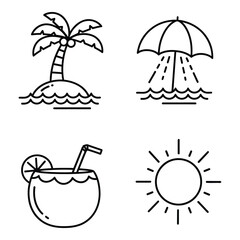 Outline vector icons set island palm tree umbrella drink and sun