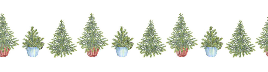 Watercolor seamless border with green Christmas tree in blue cup on white background. Forest evergreen fir or pine for card. Hand-drawn rim for New Year celebration or wrapping and wallpaper