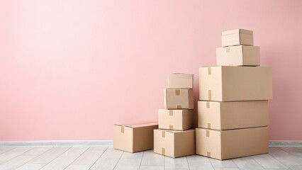 Stack of cardboard moving boxes against a pink wall