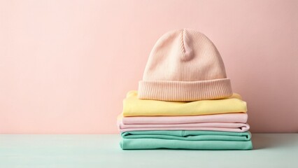 Stack of soft pastel colored folded clothes topped with a beanie