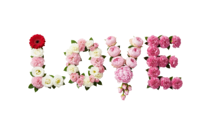 Floral Affection: A romantic declaration of LOVE spelled out with a vibrant arrangement of blossoming flowers, exuding feelings of affection and adoration.