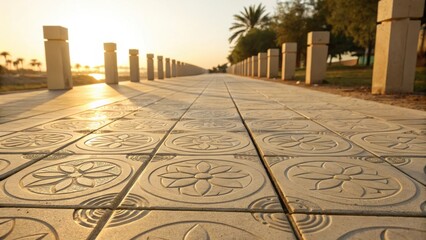 Golden hour walkway lined with pillars and palm trees