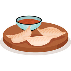 Pixel Art Dumplings with Red Dipping Sauce on a Wooden Platter Isolated on White Background