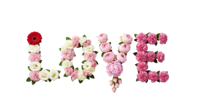 Floral Affection: A romantic declaration of LOVE spelled out with a vibrant arrangement of blossoming flowers, exuding feelings of affection and adoration.