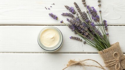 Jar of cream and lavender on white wooden surface