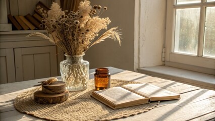Cozy still life with dried flowers and open book by window light