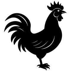Bold black silhouette of a proud rooster with a distinctive comb and tail feathers on a white background